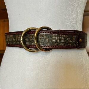 Michael Kors Women's Brown Signature Logo Double Ring D-Ring Leather Belt S/M